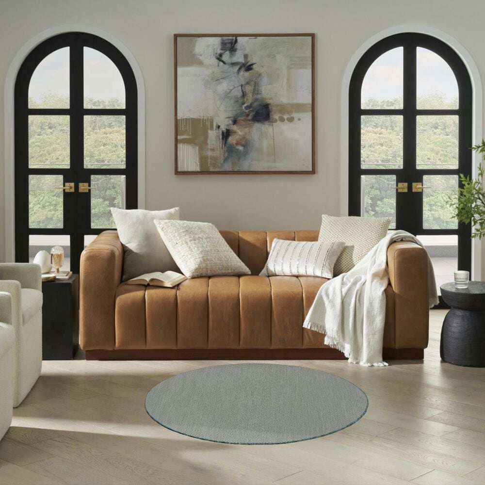 Nourison Courtyard Ivory and Aqua 4&#39; Round Indoor/Outdoor Area Rug, , large