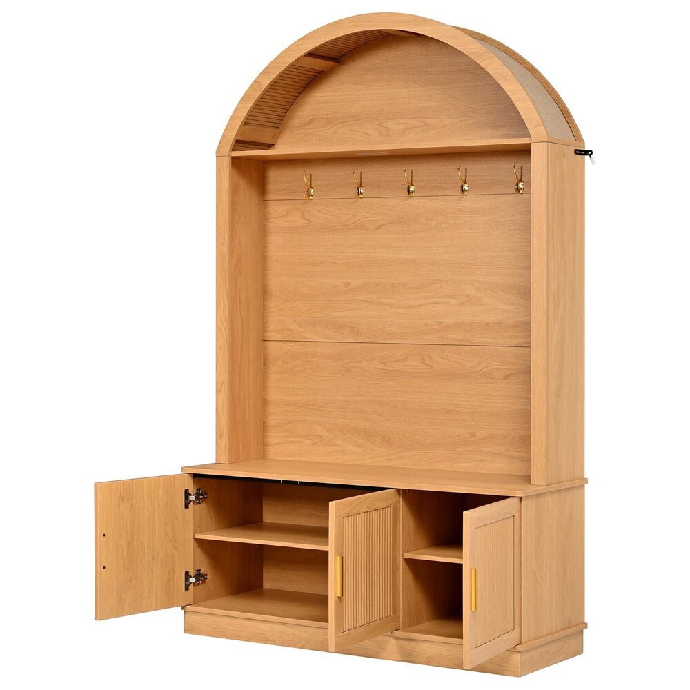 HOMLUX Farmhouse Fabric Arched Top Hall Tree with 5 Metal Hooks and Adjustable Shelves in Natural, , large
