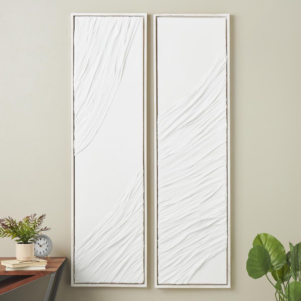 Maple and Jade 71&quot; x 20&quot; Wavy Textured Wall Decor with Distressed Wood Frames in White &#40;Set of 2&#41;, , large