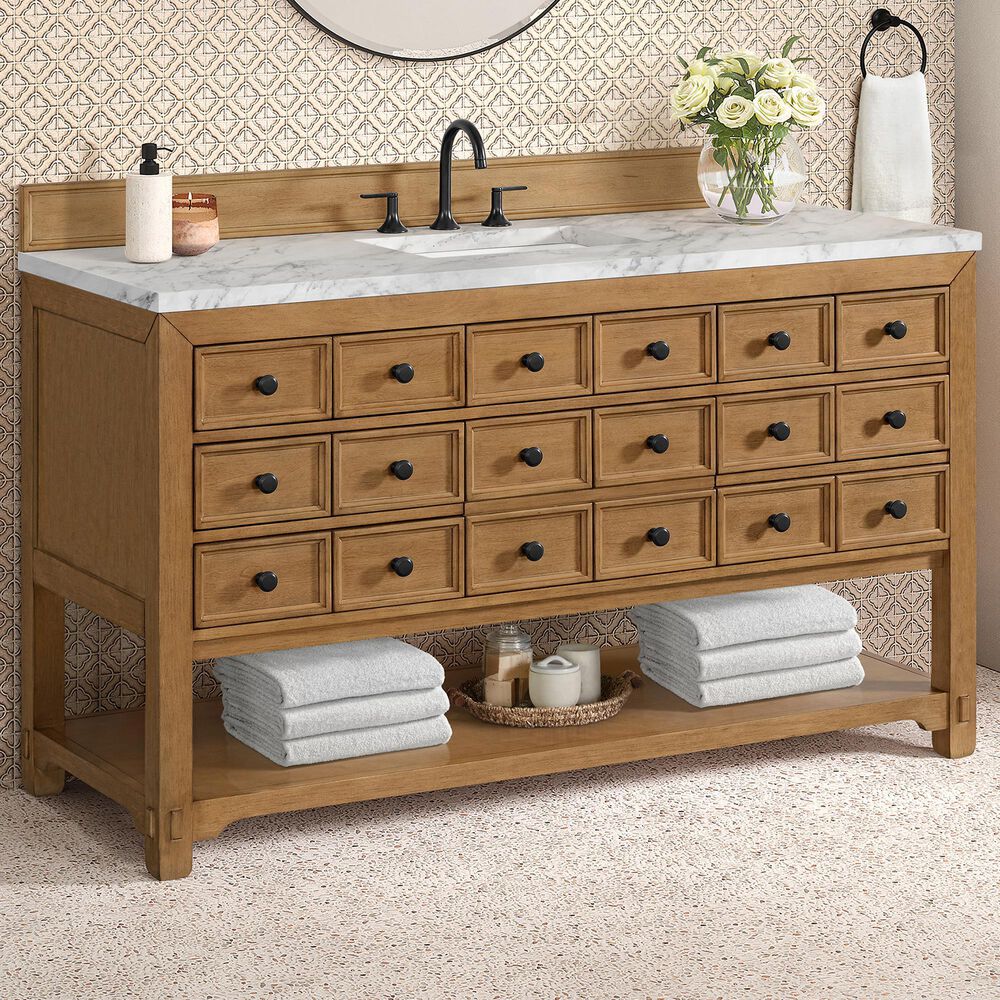 James Martin Malibu 60&quot; Single Bathroom Vanity in Amber Birch with 3 cm Carrara White Marble Top and Rectangular Sink, , large