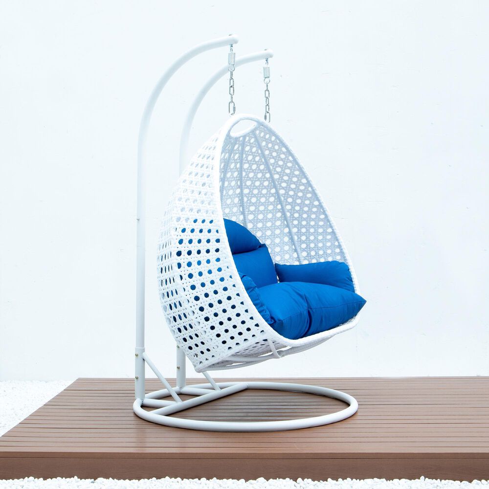 Leisuremod 2-Seat Hanging Egg Swing Chair with Blue Cushion in White, , large