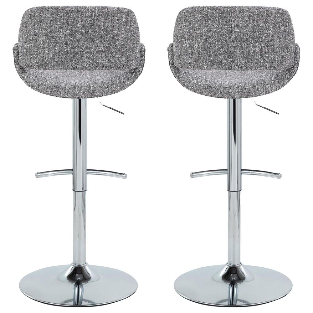 LumiSource Fabrico Swivel Adjustable Bar Stool with Grey Noise Fabric Upholstery and Rounded T Footrest in Chrome (Set of 2), , large