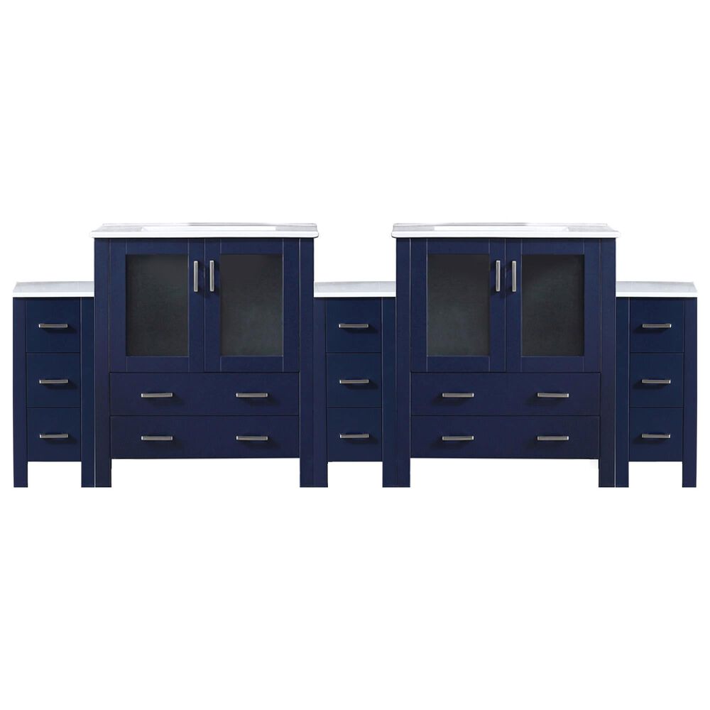 Lexora Home Volez 96&quot; Double Bathroom Vanity in Navy Blue with 2 cm White Ceramic Top, Rectangular Sinks and Side Cabinets, , large