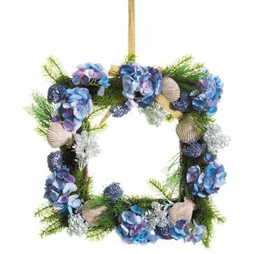 Allstate Floral 22" Hydrangea, Shell and Pine Square Artificial Flower Hanging Wreath in Blue and Green, , large
