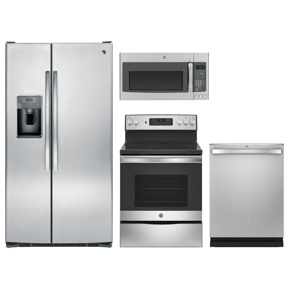 GE Appliances 4-Piece Kitchen Package with 25.3 Cu. Ft. Side-By-Side Refrigerator and Electric Range in Stainless Steel, , large