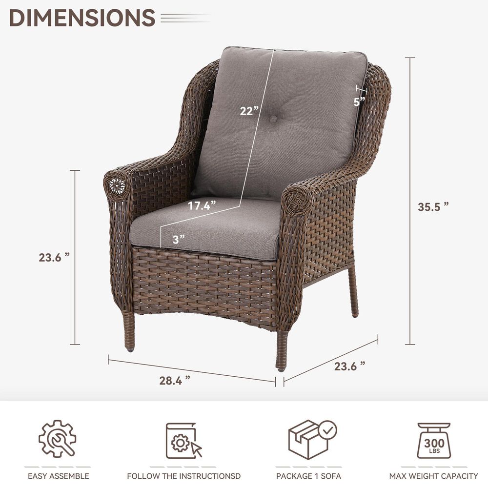 Sunwell Garden 36" Patio Stationary Chair with Wicker Armrest in Gray (Set of 2), , large