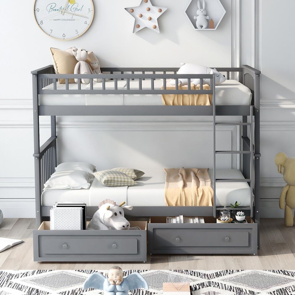 Hearth and Haven Twin over Twin Convertible Bunk Bed with Drawers in Gray, , large