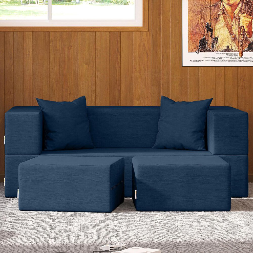 Jaxx Zipline 3-Piece Stationary Convertible Sleeper Loveseat in Indigo Velvet, , large