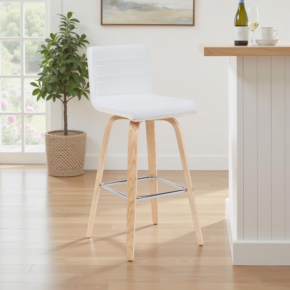 Armen Living Vienna Swivel Bar Height Stool with Snow White Upholstery in Patterned Oak, , large