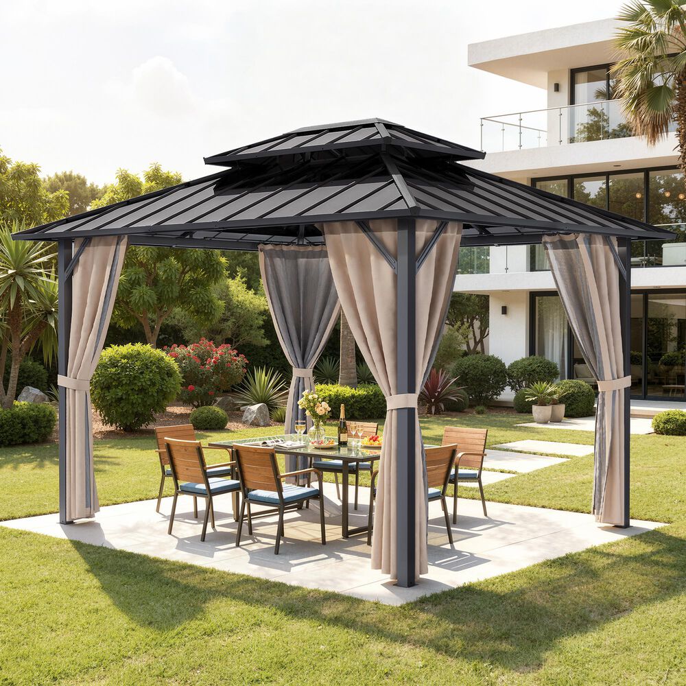 HOMLUX 10' x 12' Patio Hardtop Gazebo with Steel Posts in Khaki, , large