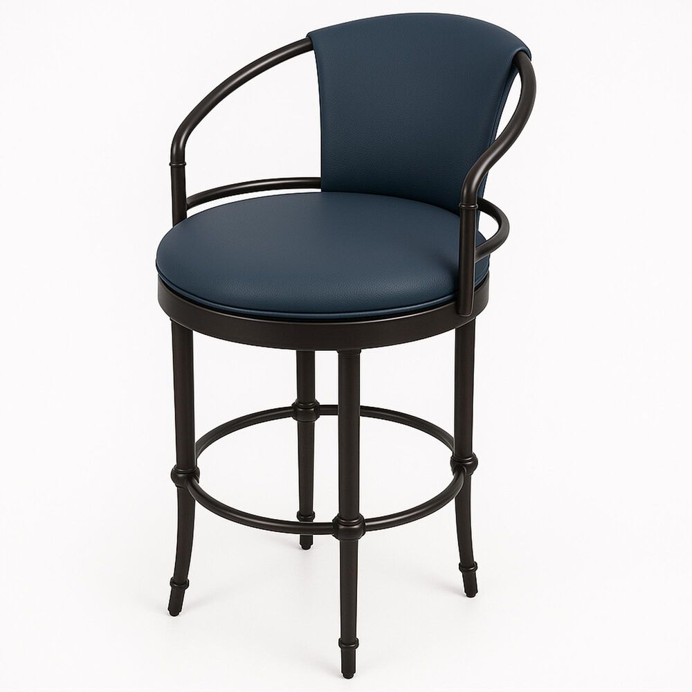 Armen Living Otis Swivel Counter Stool with Night Life Blue Upholstered in Black, , large