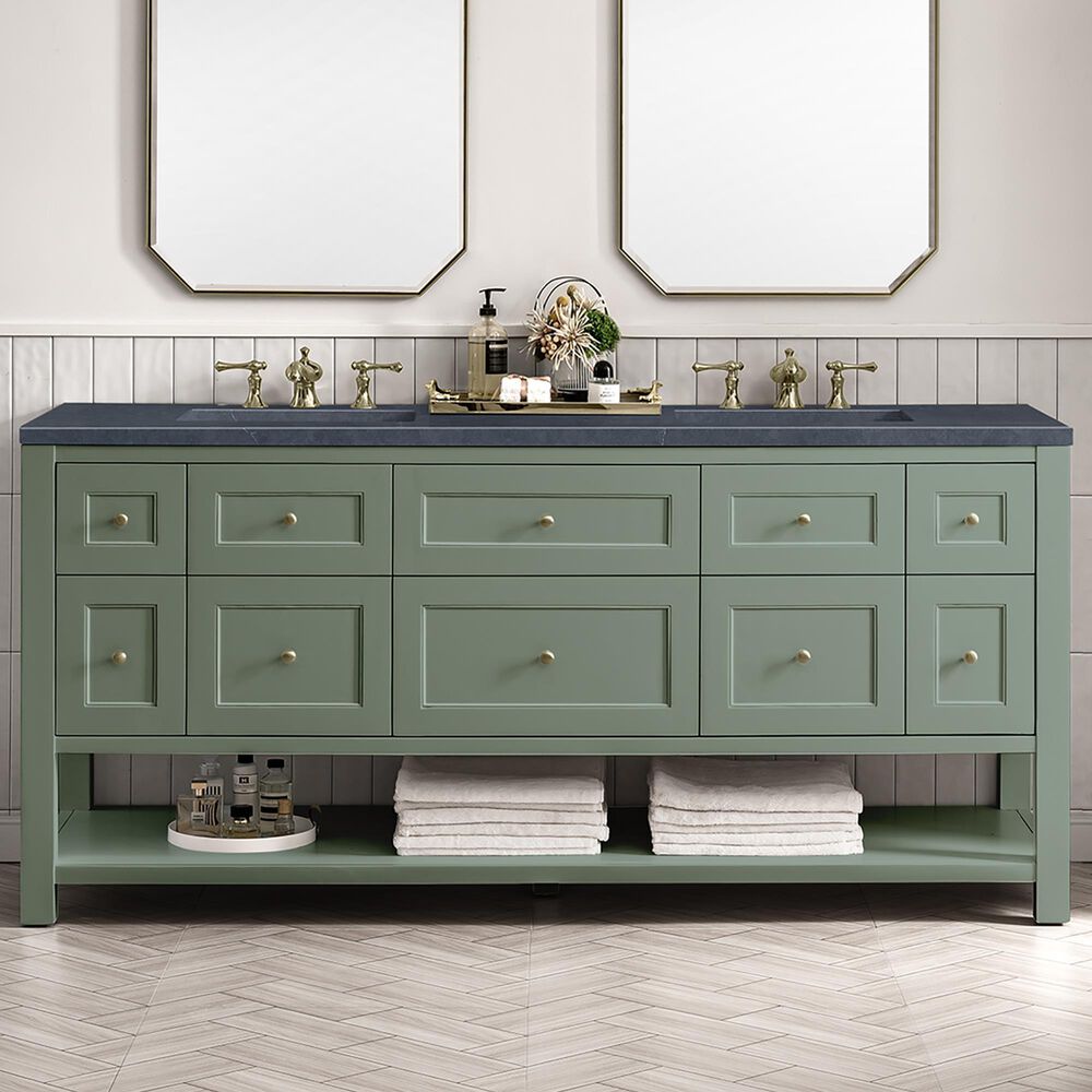 James Martin Vanities Breckenridge 72&quot; Double Bathroom Vanity in Smokey Celadon with 3 cm Charcoal Soapstone Quartz Top and Rectangular Sinks, , large