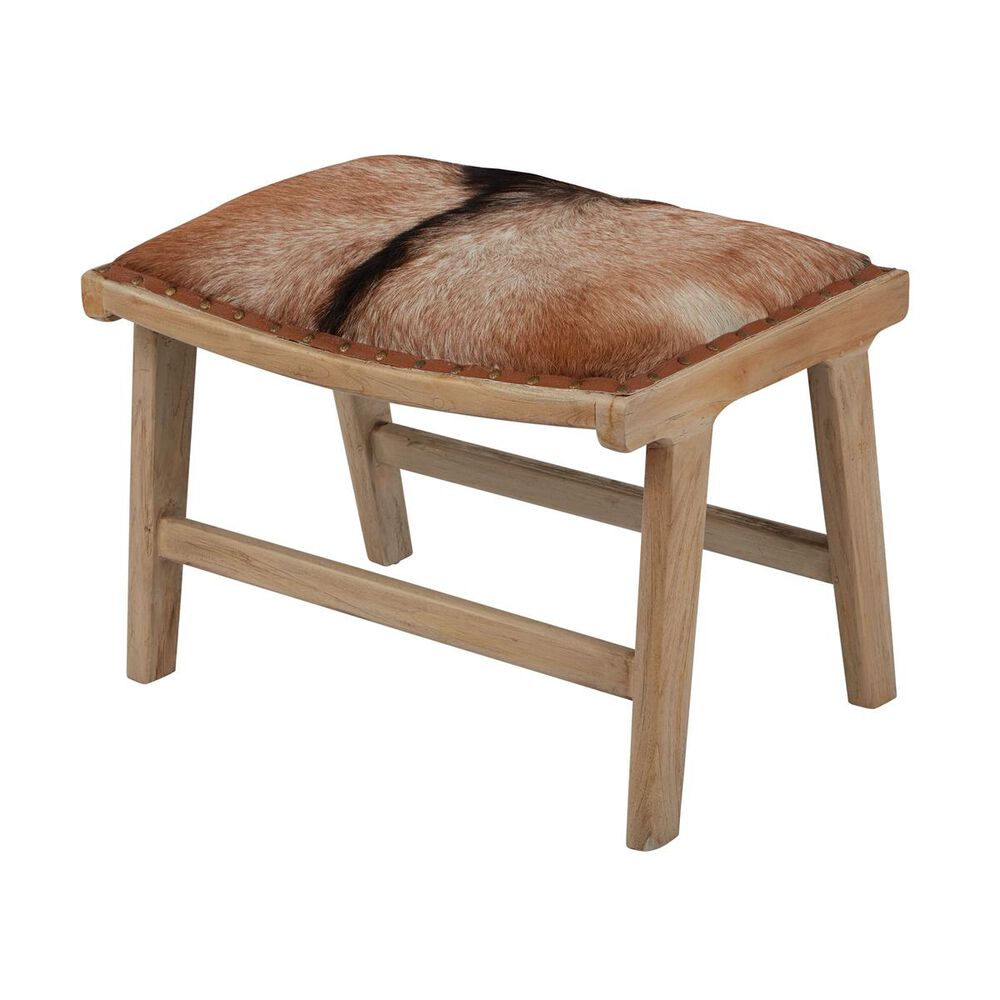 Dimond Home Goatskin Leather Ottoman in Natural Hide and Mid Tone Wood, , large