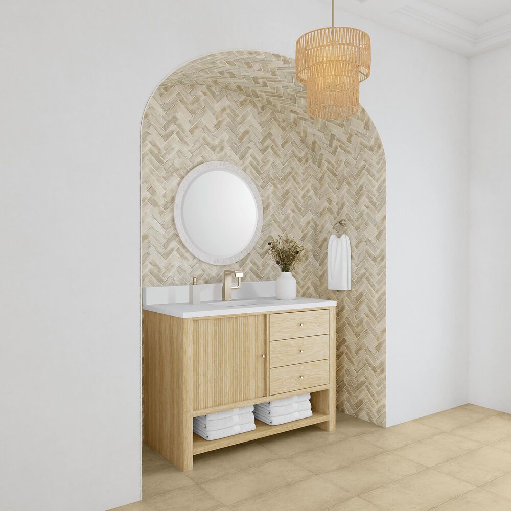 James Martin Vanities Marigot Single 48&quot; Single Vanity in Sun-washed Oak with Single Hole 3 cm White Zeus Quartz Top &amp; Backsplash, , large