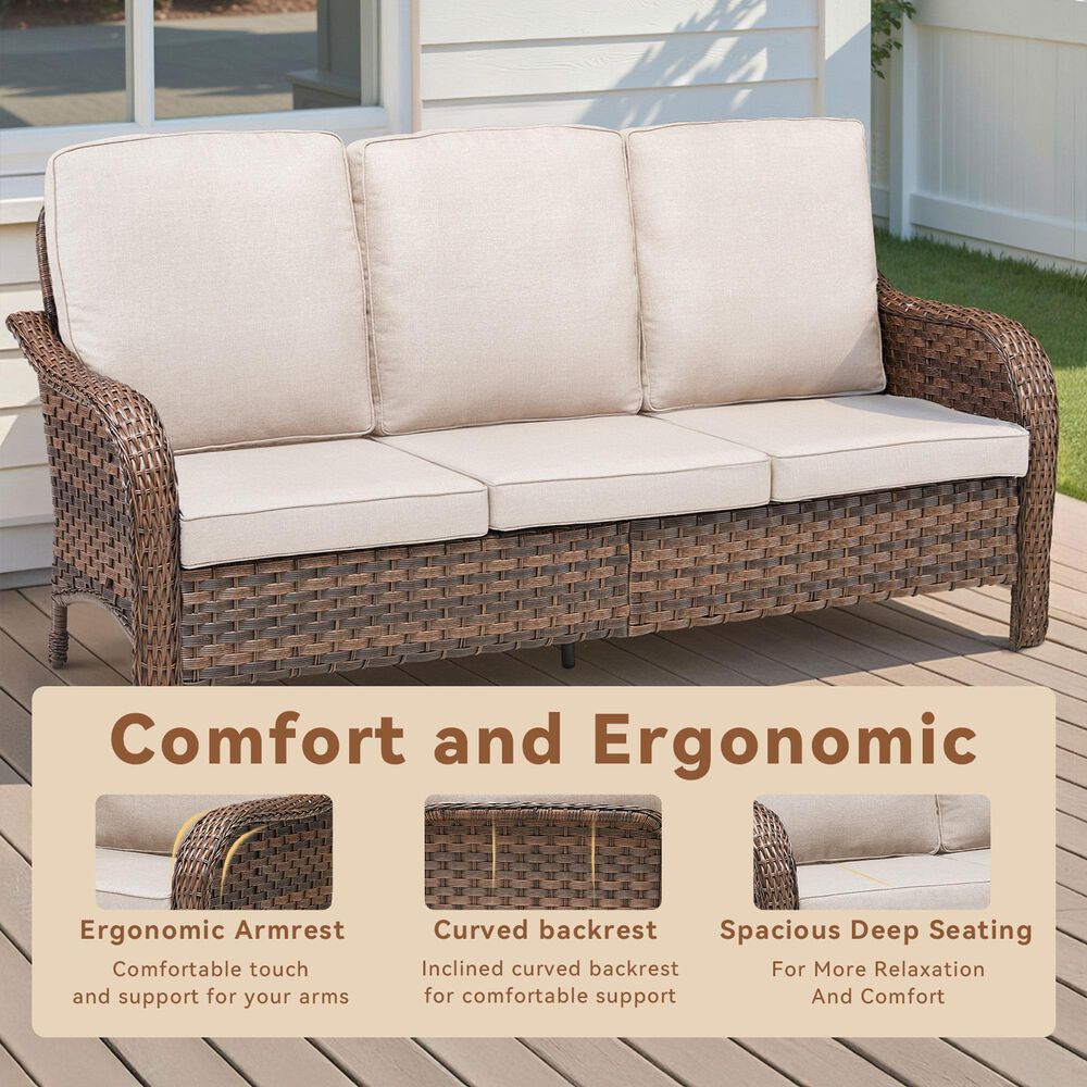 Hearth and Haven Outdoor PE Wicker Sofa with Deep Seat Cushions in Beige, , large