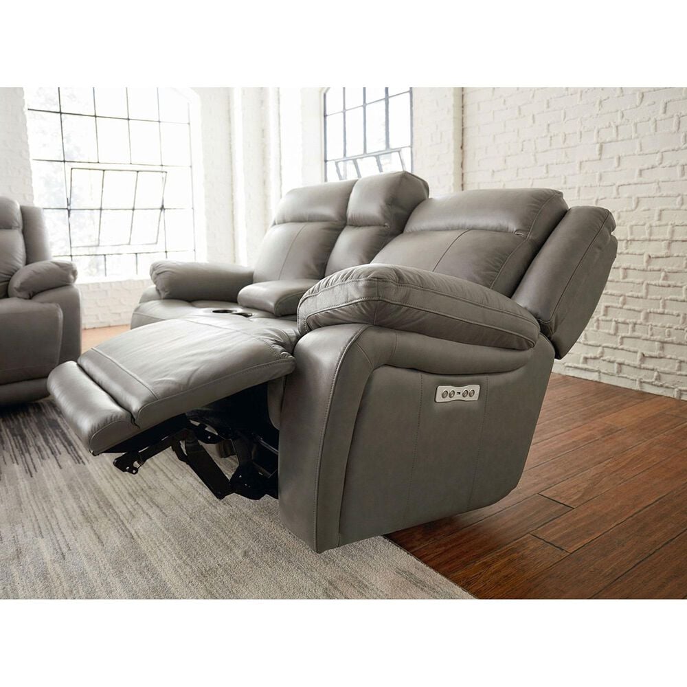 Bassett Evo Leather Recliner Console Loveseat with Power Headrest in Pewter, , large