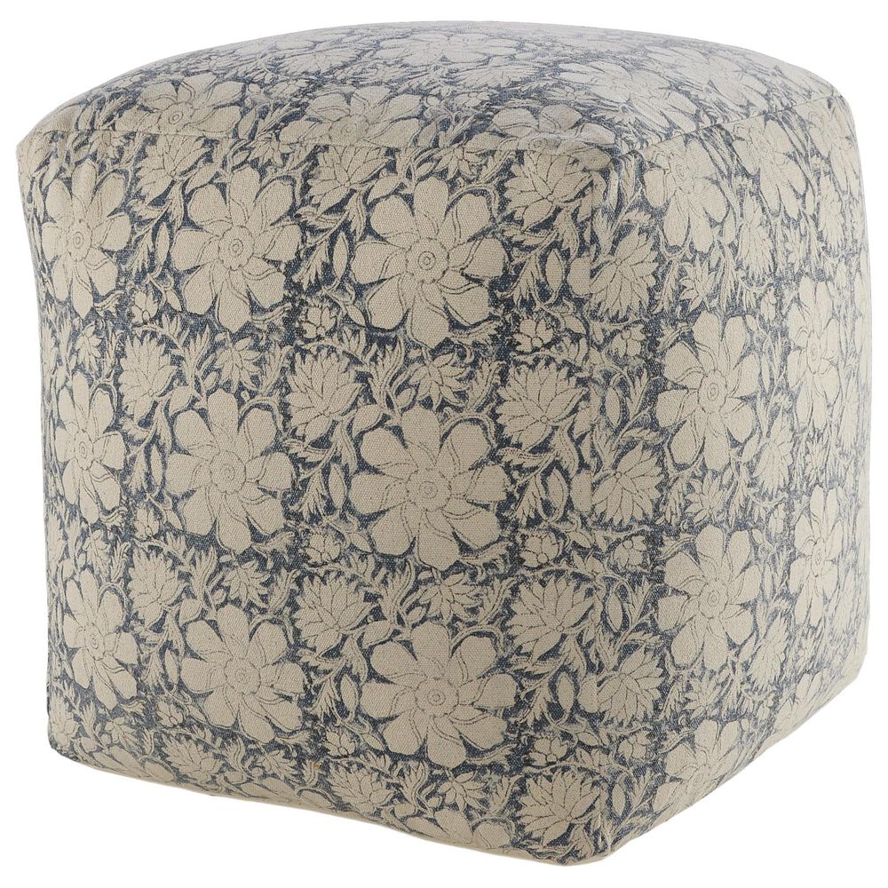 LR Home 20" Square Floral Pouf in Blue and Beige, , large