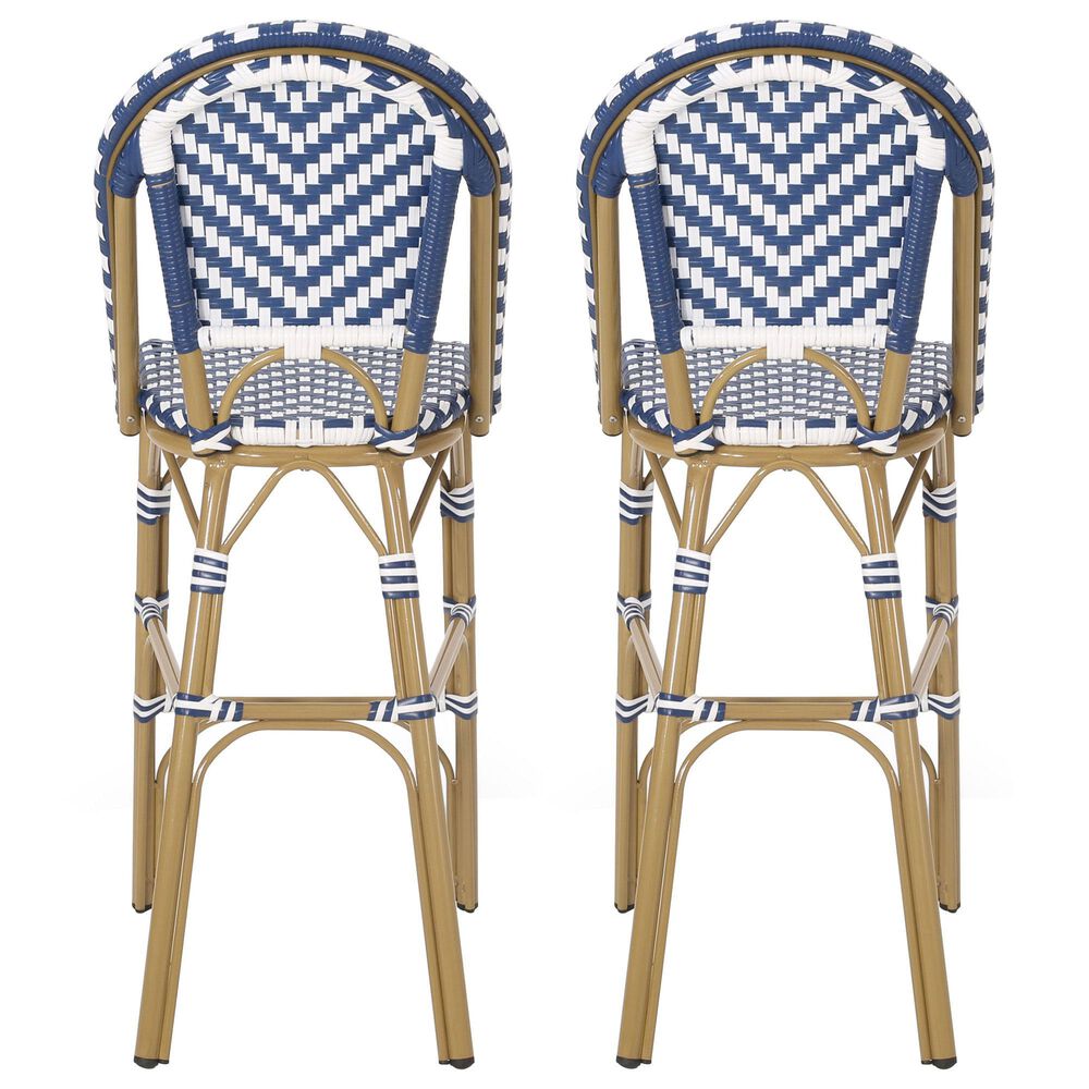 Hearth and Haven Outdoor Wicker French Barstool with Brown Aluminum Frame in Navy Blue (Set of 2), , large
