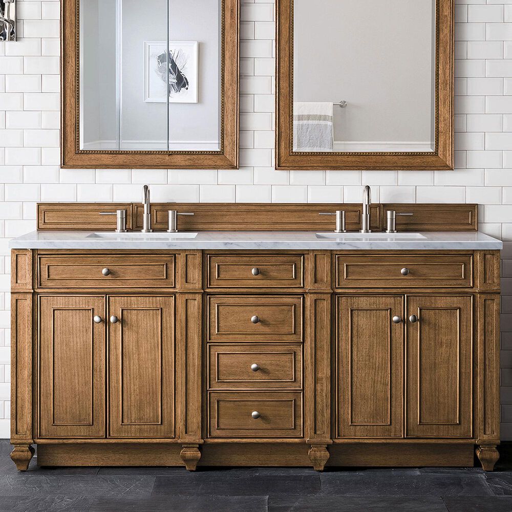 James Martin Vanities Bristol 72&quot; Double Bathroom Vanity in Saddle Brown with 3 cm Arctic Fall Solid Surface Top and Rectangular Sinks, , large