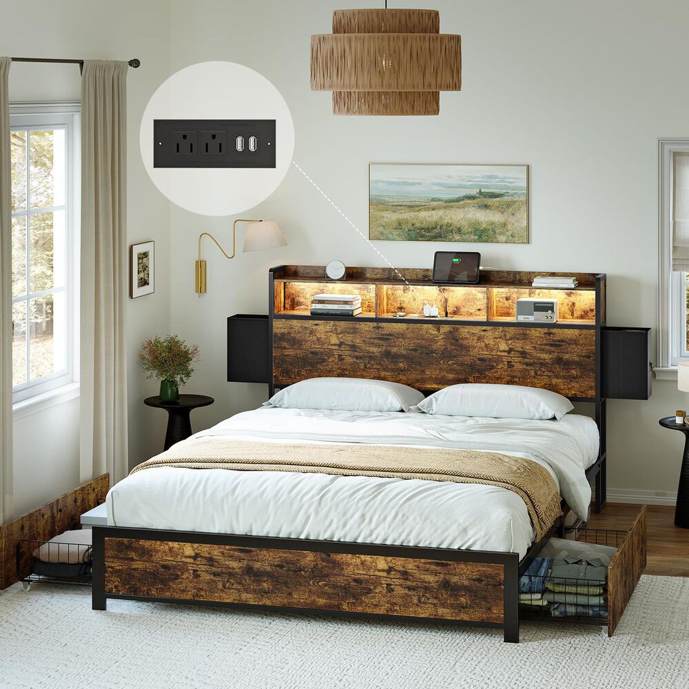 HOMLUX 4-Drawer Queen Storage Bed with LED Bookcase Headboard and Charging Station in Rustic Brown, , large