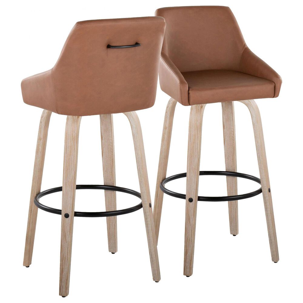 LumiSource Hannah Swivel Bar Stool with Camel Faux Leather Upholstery in Whitewashed and Black (Set of 2), , large