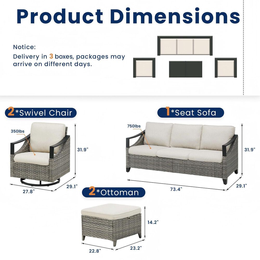 Sunwell Garden 6-Piece Patio Chat Set with Side Table in Beige, , large