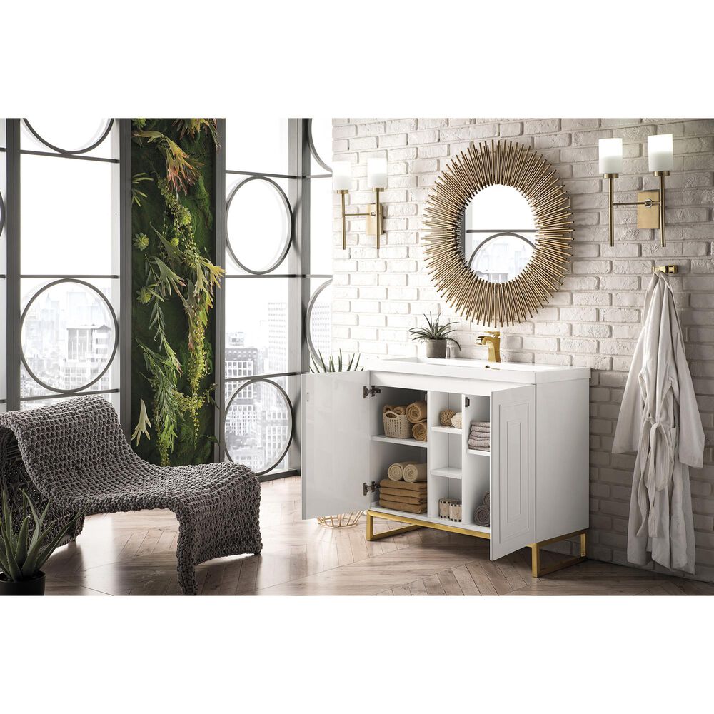 James Martin Vanities Alicante 39.5&quot; Single Bathroom Vanity in Glossy White and Radiant Gold with 5 cm White Glossy Resin Top and Rectangular Sink, , large