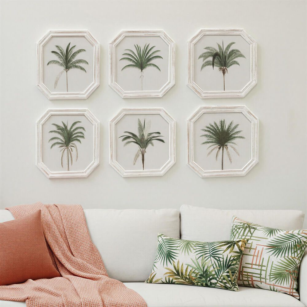 Creative Coop Palmera 9.75" Octagon Palm Tree Wall Art in White and Green (Set of 6), , large