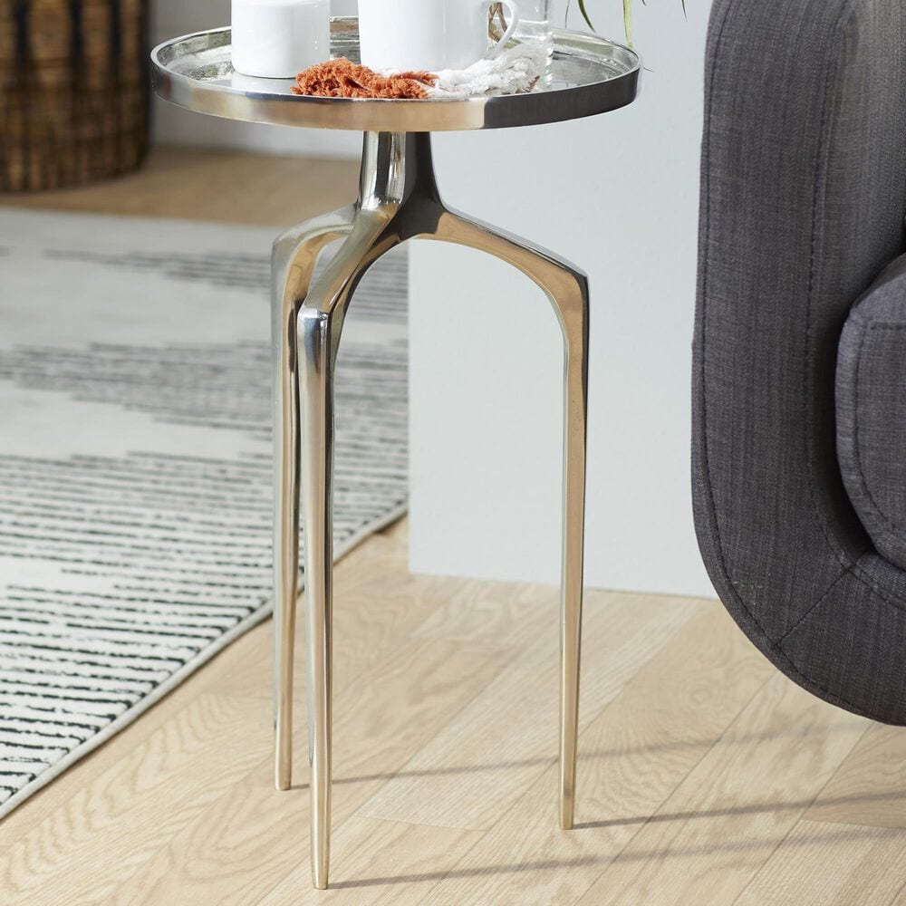 Maple and Jade 22&quot; Round End Table with 3 Tripod Legs in Polished Silver, , large