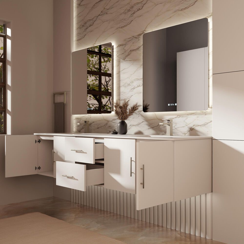 Lexora Home Geneva 80" Double Bathroom Vanity in Glossy White with 2 cm White Cultured Marble Top and Rectangular Sinks, , large