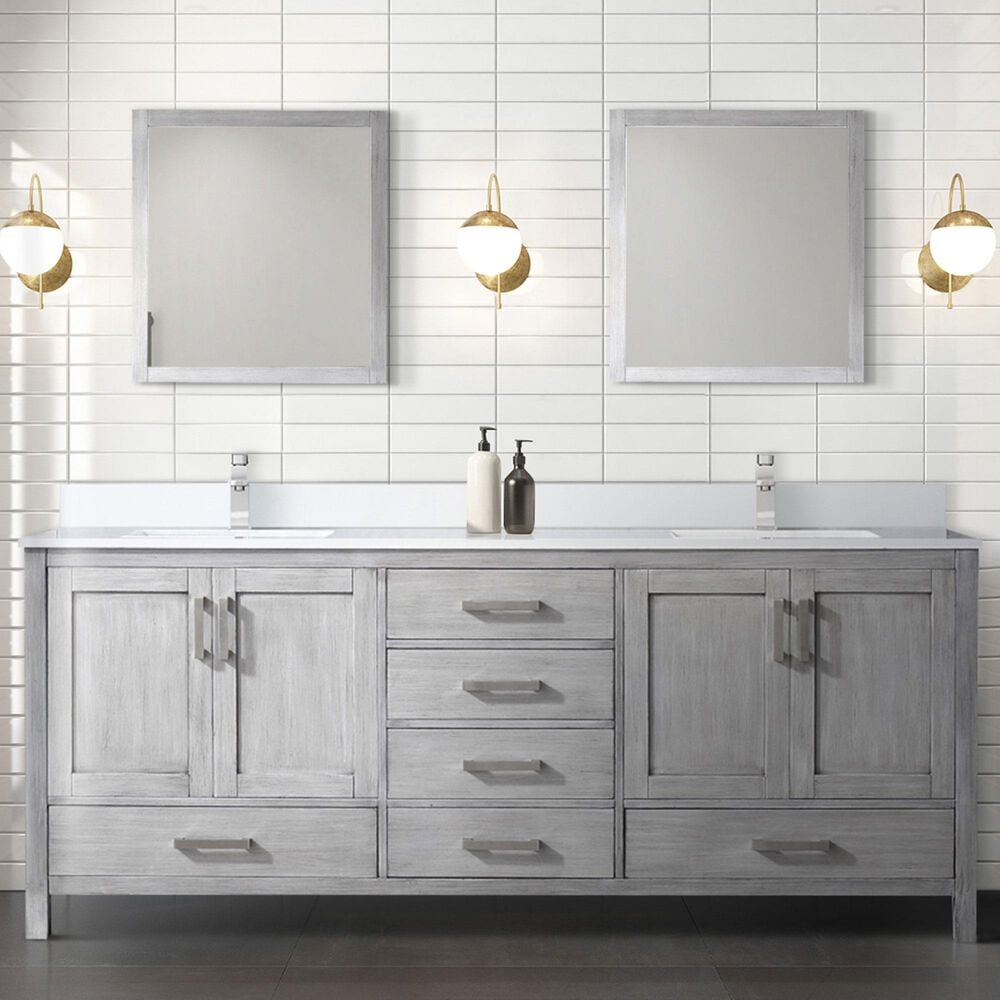 Lexora Home Jacques 80&quot; Double Bathroom Vanity in Distressed Grey with 2 cm White Cultured Marble Top and Rectangular Sinks, , large