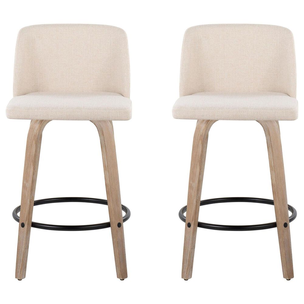 LumiSource Toriano Swivel Counter Stool with Cream Noise Fabric Upholstery in Whitewashed and Black (Set of 2), , large