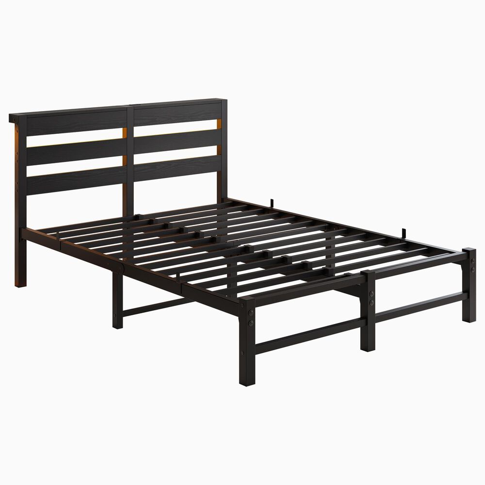 Hearth and Haven Full Metal Bed with RGB Lights and Storage Shelf in Black, , large