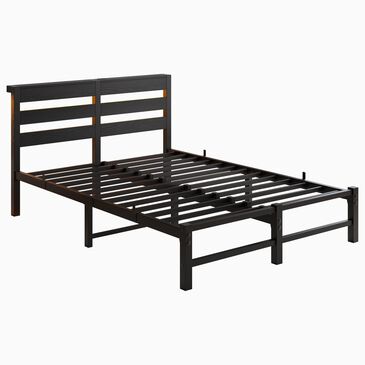 Hearth and Haven Full Metal Bed with RGB Lights and Storage Shelf in Black, , large