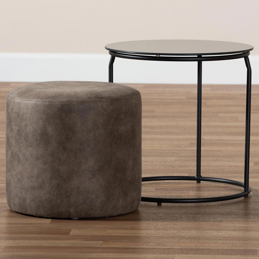 Baxton Studio Kira 2-Piece Nesting Table & Ottoman Set in Grey/Brown/Black, , large