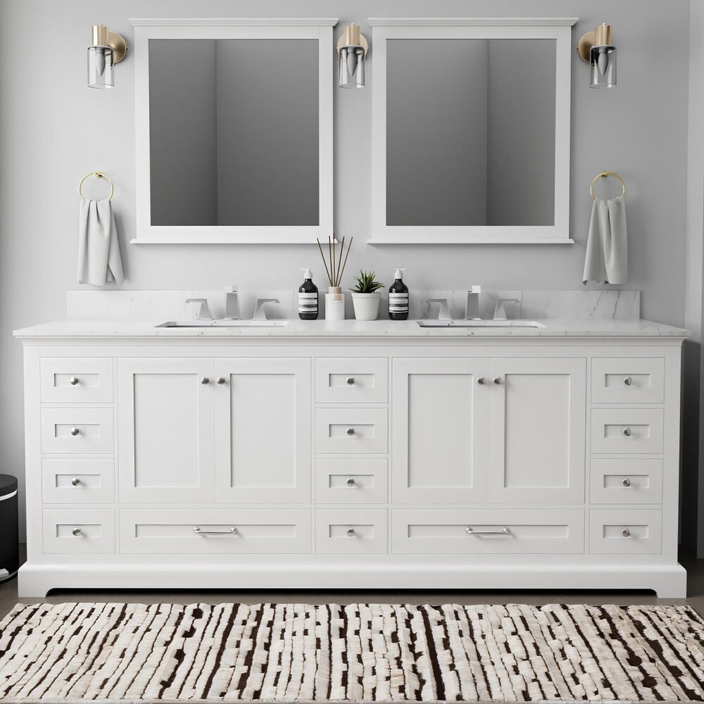 Lexora Home Dukes 84" Double Bathroom Vanity in White with 2 cm White Carrara Marble Top and Rectangular Sinks, , large