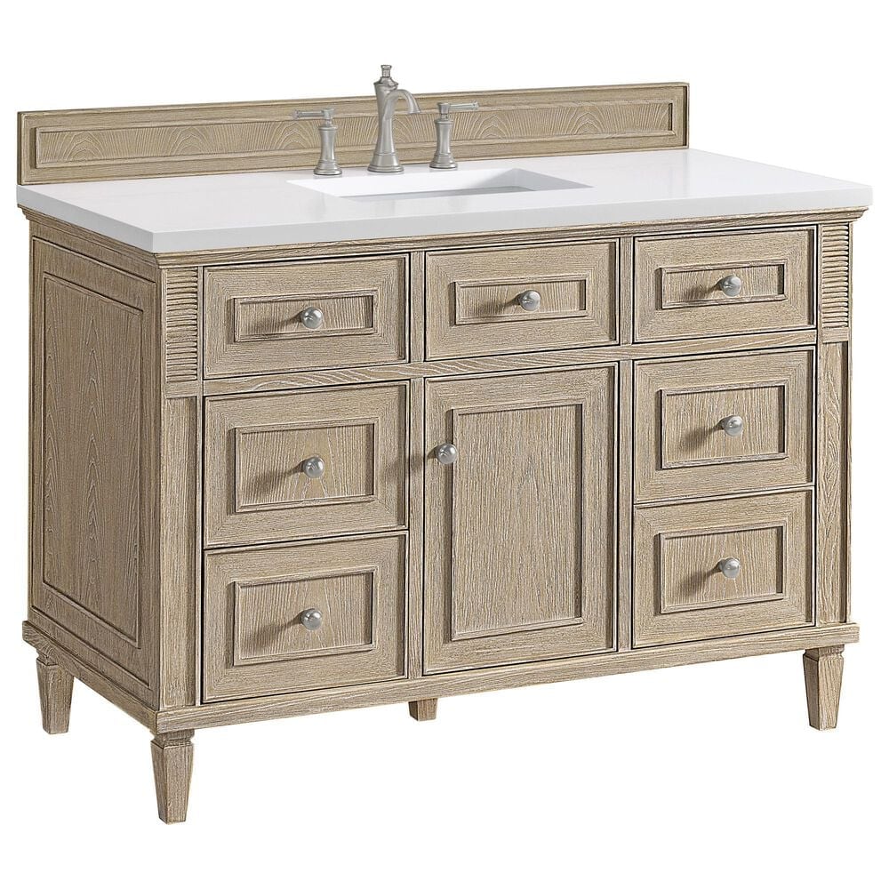 James Martin Vanities Lorelai 48" Single Vanity in Whitewashed Oak with 3 cm White Zeus Quartz Top, , large
