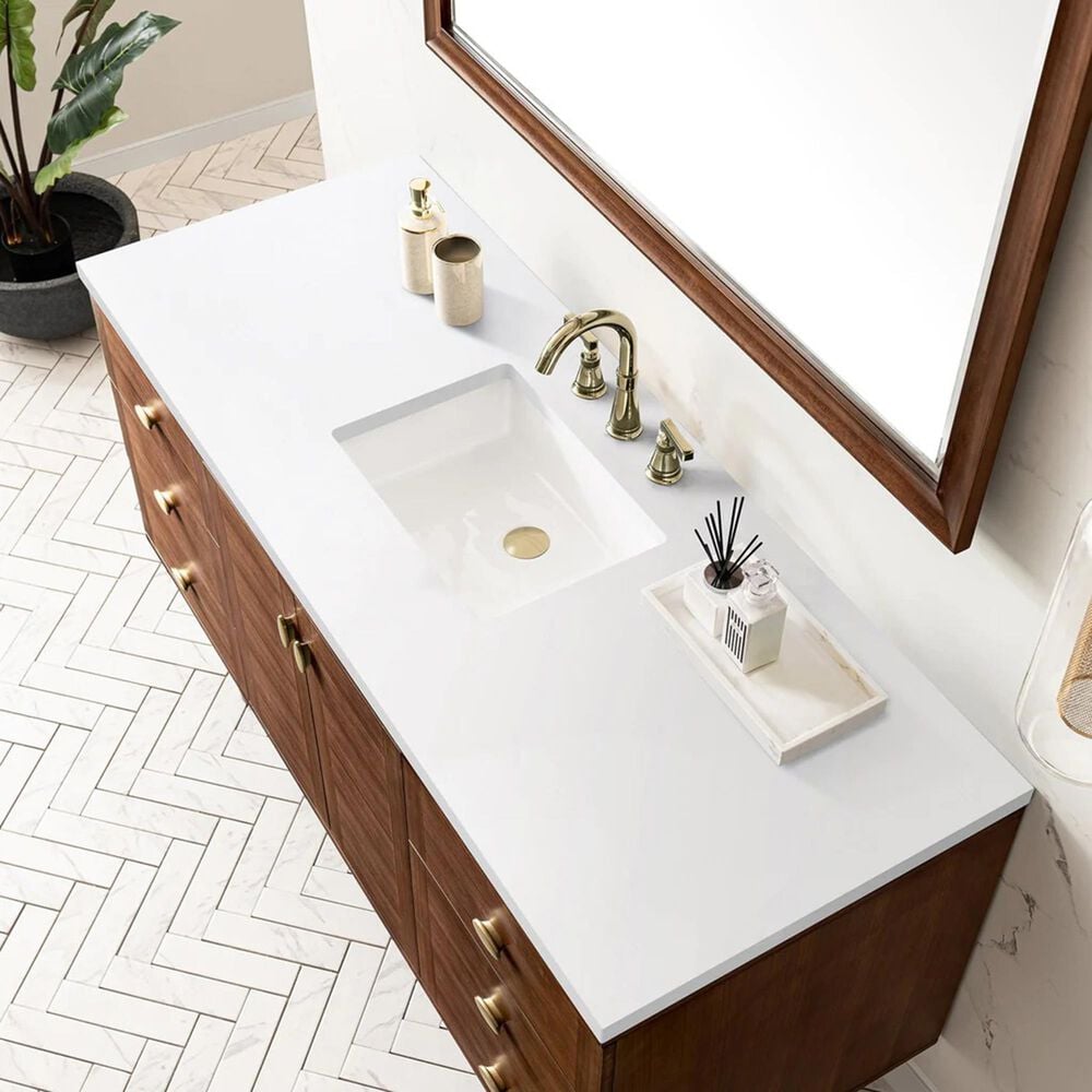 James Martin Vanities Amberly 60&quot; Single Bathroom Vanity in Walnut with 3 cm White Zeus Quartz Top and Rectangular Sink, , large