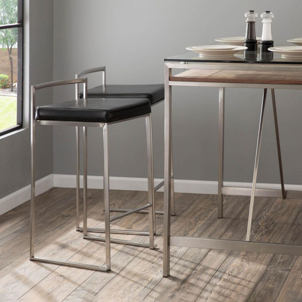 LumiSource Fuji Stackable Counter Stool with Black Faux Leather in Brushed Stainless Steel &#40;Set of 2&#41;, , large