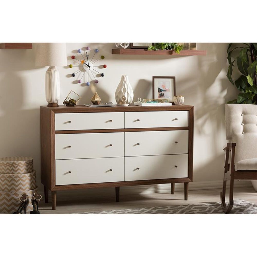 Baxton Studio Harlow 6 Drawer Storage Dresser in White and Walnut, , large