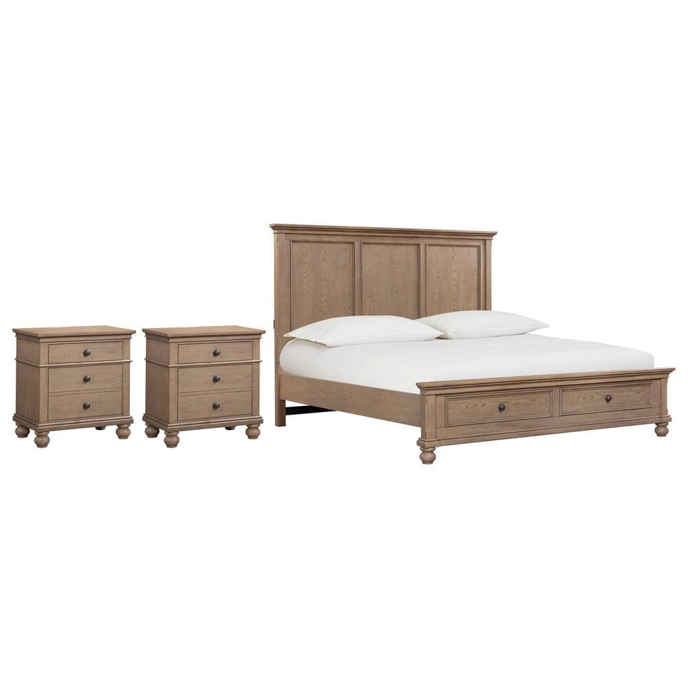 Riva Ridge Oxford Queen Panel Storage Bed with Two Nightstands in Tan with USB Ports, , large