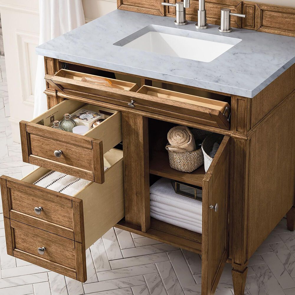 James Martin Vanities Brittany 36&quot; Single Bathroom Vanity in Saddle Brown with 3 cm Arctic Fall Solid Surface Top and Rectangular Sink, , large