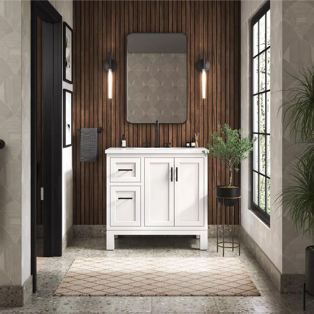Kohler Quo 36&quot; Single Bathroom Vanity in White with 3 cm Pure White Quartz Top and Oval Sink, , large