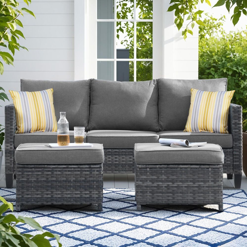 HOMLUX 3-Piece 77" Patio Sofa and Ottoman Set in Dark Grey, , large