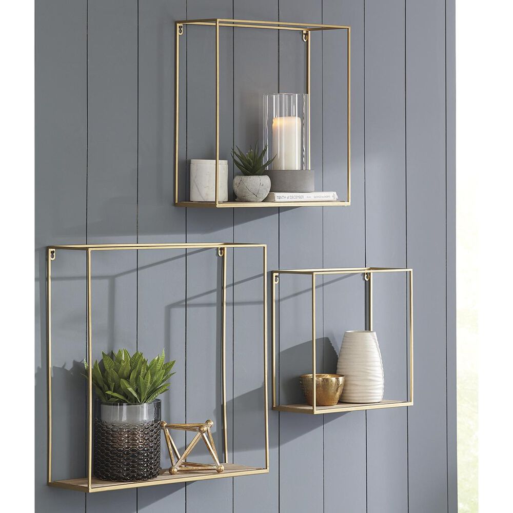 Ashley 3-Piece Efharis Wall Shelf Set in Natural and Gold, , large