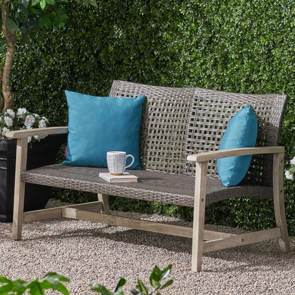 Hearth and Haven Hampton Outdoor Wicker Loveseat with Wooden Frame in Grey, , large