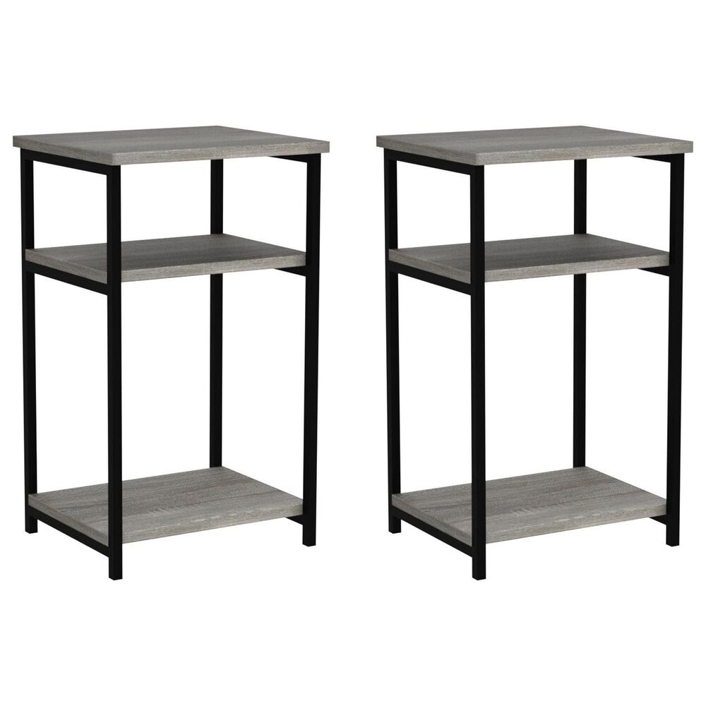 HOMLUX 3-Tier Metal Frame End Table with Storage Shelves in French Oak Grey and Black (Set of 2), , large