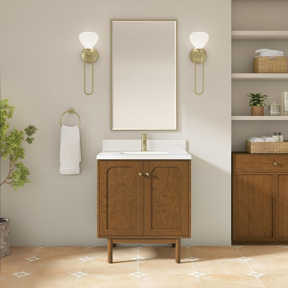 James Martin Laurent 30" Single Bathroom Vanity in Honey Oak with Single Hole 3 cm White Zeus Silestone Top and Rectangular Sink, , large