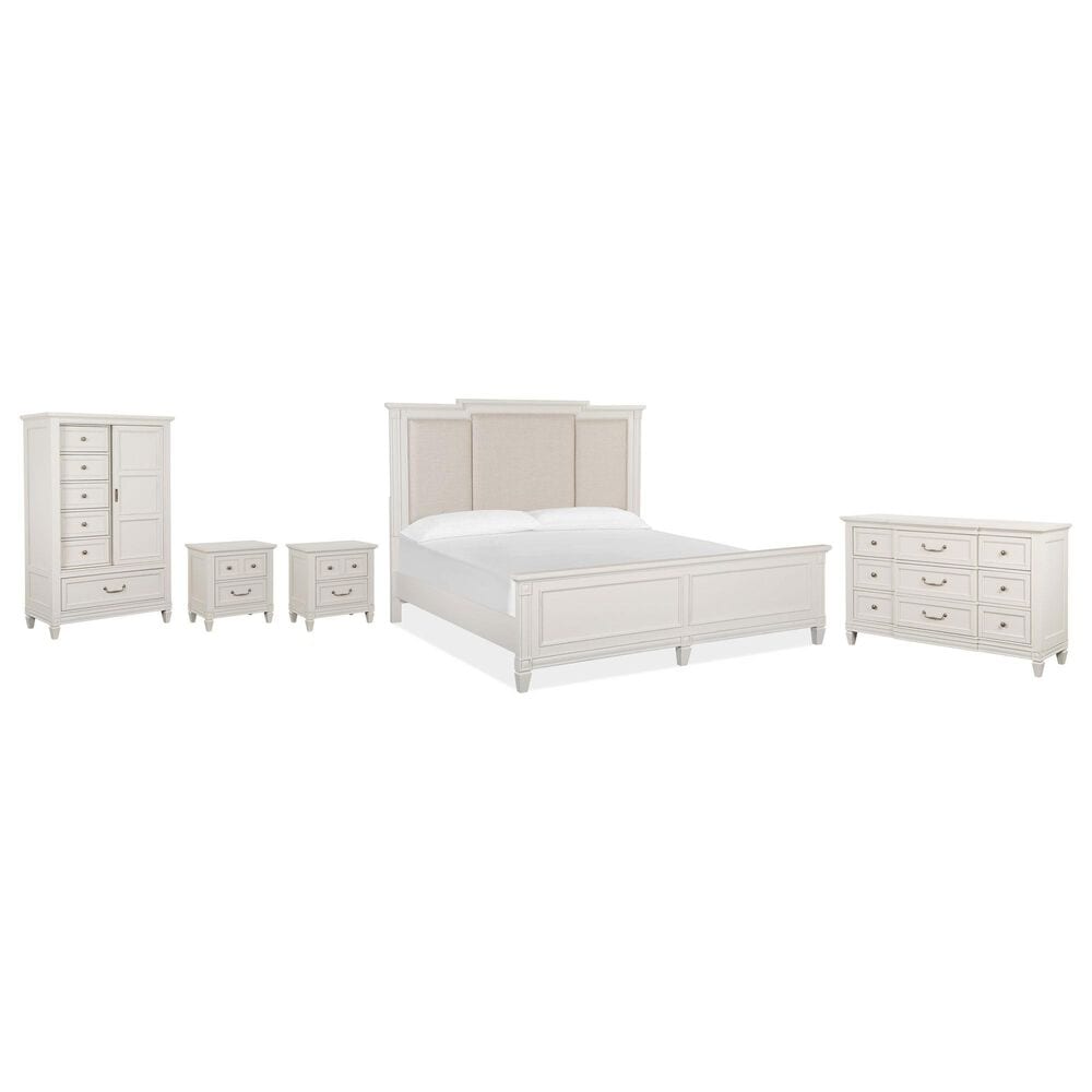 Nicolette Home Willowbrook King Panel Bed with Upholstered Headboard with Dresser, Chest, and Two Nightstands in Egg Shell White, , large