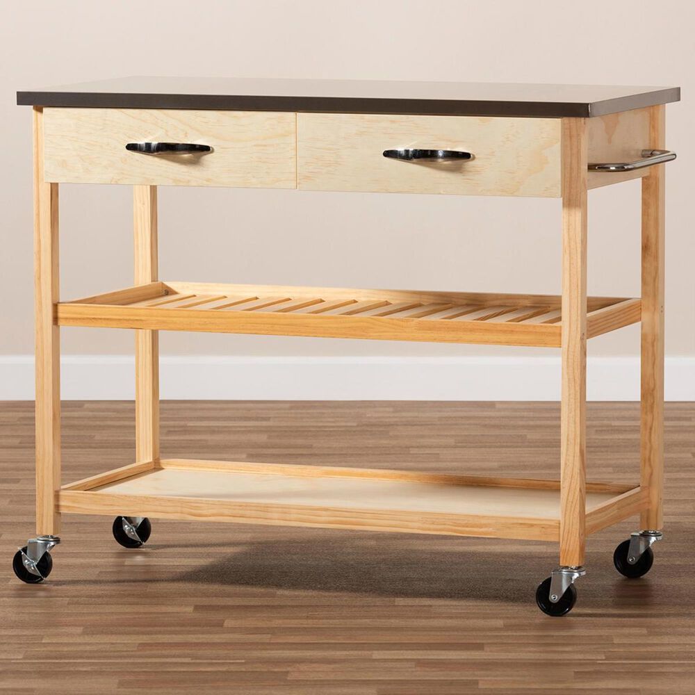 Baxton Studio Cresta 2-Drawer Kitchen Island Cart in Natural, , large